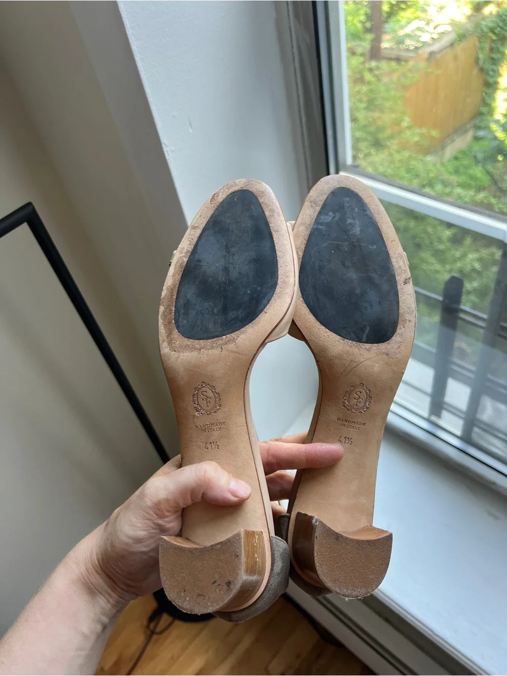 Sarah Flint Two-Tone Taupe & Beige Ankle-Strap Heels